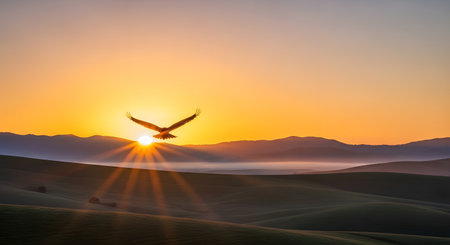 A majestic eagle flying towards a bright sunburst over a silhouette of rolling mountains at sunset. The golden hour light creates a dramatic and inspiring nature scene symbolizing freedom.の素材