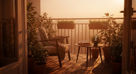 A warm and inviting apartment balcony scene at sunset, featuring a comfortable chair, potted plants, and a small table with a coffee cup and open book. The golden hour lighting creates a peaceful, relaxing atmosphere.の素材