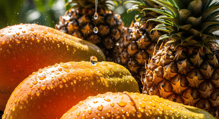 A vibrant close-up of fresh pineapples and ripe papayas being splashed with water droplets. The image captures the texture of the fruit skins and the refreshing essence of tropical agriculture.の素材