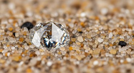 A sparkling diamond gemstone resting on grains of sand. The macro shot captures the brilliant facets of the jewel contrasting with the rough, natural texture of the beach sand.の素材