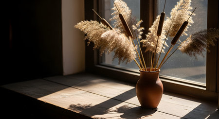 A clay vase filled with dry reeds or pampas grass sits on a wooden window sill, bathed in warm sunlight. The rustic still life captures a simple, natural, and peaceful aesthetic.の素材