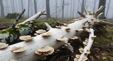 A fallen white log covered in bracket fungi lies in a misty forest. The atmospheric autumn scene captures the cycle of nature and the quiet beauty of the woods.の素材