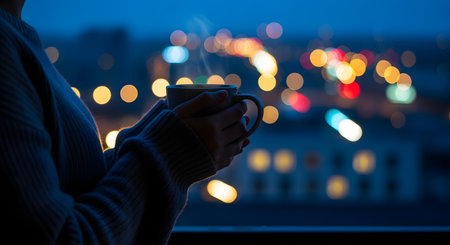 A person's hands cradle a steaming mug of hot beverage against a backdrop of blurred city lights at night. The bokeh effect creates a cozy and atmospheric mood, suggesting relaxation or contemplation amidst the urban environment.の素材