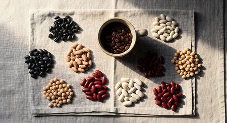 A top-down view of various dried beans and coffee beans arranged in neat piles on a linen cloth. A ceramic cup filled with roasted coffee beans sits in the center, symbolizing natural ingredients and agriculture.の素材