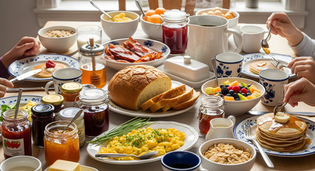 A family sits together around a dining table enjoying a hearty breakfast spread featuring pancakes, bacon, scrambled eggs, and fresh fruit. Hands are visible serving food and eating, creating a warm and lively atmosphere of shared family time.の素材