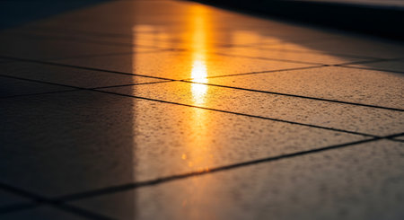 Golden sunlight reflecting off a textured tiled floor, creating long shadows and a warm glow. The low angle light emphasizes the geometric patterns and surface details of the pavement or floor.の素材