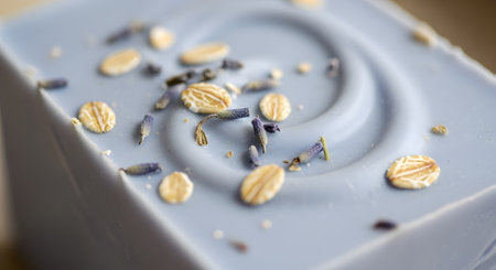 A close-up macro shot of a handmade blue soap bar topped with oats and dried lavender buds. The textured surface and swirl pattern suggest natural, organic skincare and aromatherapy.の素材