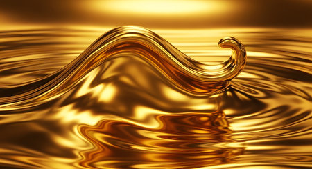 An abstract image of a smooth, liquid gold wave with a curled tip and high-gloss reflections. The fluid, metallic texture represents wealth, luxury, and elegance.の素材