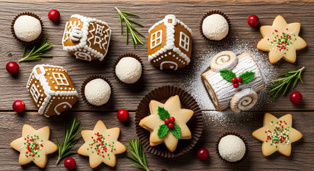 A festive flat lay of Christmas treats on a rustic wooden table, featuring gingerbread houses, a Yule log cake, and star-shaped cookies. Garnished with cranberries, rosemary, and powdered sugar, the scene evokes holiday cheer and baking traditions.の素材