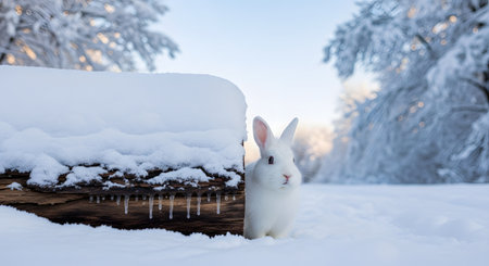 A cute white rabbit hiding behind a snow-covered log in a winter landscape. The snowy forest background is soft and blurry, highlighting the animal's alert expression and fluffy fur.の素材