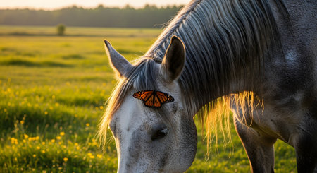 A white horse grazes in a green field at sunset, with a monarch butterfly resting gently on its forehead. The golden lighting and peaceful interaction create a serene and magical nature scene.の素材