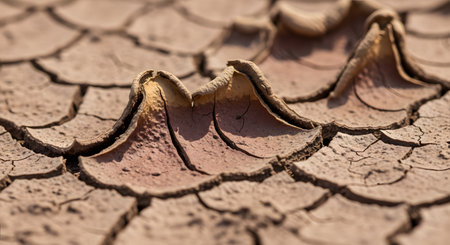A detailed close-up of parched, cracked earth where the dried mud layers are curling up at the edges. The image highlights the severity of drought and water scarcity, creating a textured and arid landscape pattern.の素材