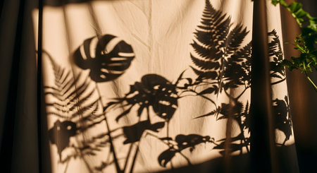 Artistic shadows of monstera and fern leaves cast upon a draped beige fabric curtain by warm sunlight. The minimalist composition creates a trendy, calming, and natural aesthetic suitable for interior design themes.の素材
