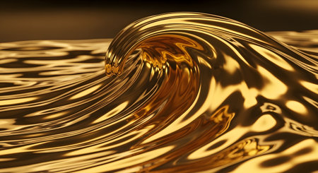 A mesmerizing abstract 3D render of a liquid gold wave with smooth, reflective curves and ripples. The luxurious metallic texture and fluid motion create a dynamic and elegant background suitable for high-end designs.の素材