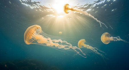 Several jellyfish swim gracefully in deep blue ocean water illuminated by sun rays from above. The translucent creatures and light beams create a serene and magical underwater scene.の素材