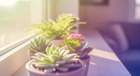 Small potted succulent plants sit on a windowsill bathed in warm, hazy morning sunlight. The soft bokeh and lens flare create a cozy and peaceful home atmosphere, highlighting the fresh green leaves and pink flowers.の素材