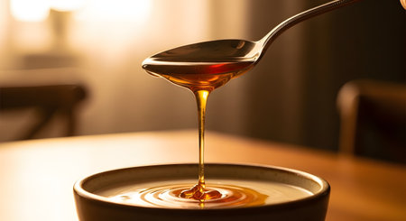 Golden honey dripping from a silver spoon into a ceramic bowl filled with creamy yogurt or milk. Backlighting illuminates the translucent amber liquid, emphasizing its viscosity and purity.の素材