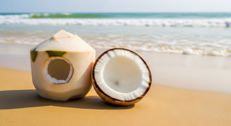 A fresh young coconut with a hole cut for drinking and its top cap resting beside it on a golden sandy beach. Soft ocean waves blur in the background, creating a quintessential tropical holiday and relaxation scene.の素材
