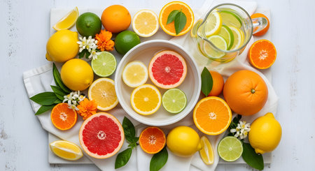A vibrant flat lay composition of fresh citrus fruits including lemons, limes, oranges, and grapefruits arranged around a pitcher of infused water. The bright colors and fresh slices evoke a sense of healthy summer hydration and nutrition.の素材