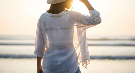 A woman wearing a white shirt and straw hat stands on the beach looking at the ocean sunset. The golden backlighting highlights her silhouette, creating a dreamy summer vacation vibe.の素材