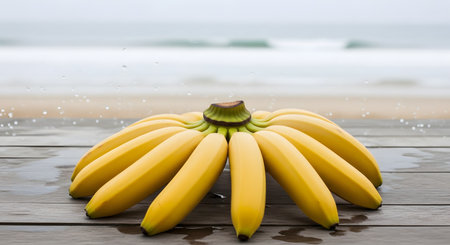 A perfect bunch of yellow bananas resting on a wooden deck with a blurred ocean beach in the background. The scene evokes a tropical summer vacation vibe with healthy fresh fruit.の素材