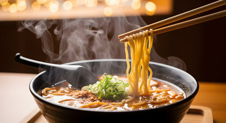 Chopsticks lift noodles from a steaming bowl of spicy ramen soup topped with green onions. The dramatic lighting and steam highlight the appetizing and warm nature of the dish.の素材