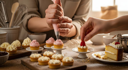 A pastry chef pipes pink frosting onto mini tartlets while another hand places a raspberry on top. The wooden table is filled with baking ingredients and finished cakes, creating a warm, professional bakery scene.の素材