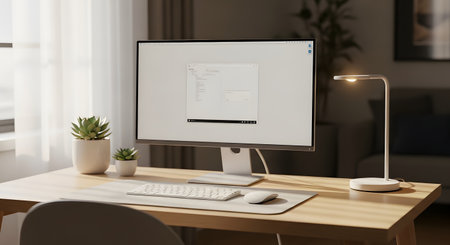 A clean and minimalist workspace featuring a computer monitor displaying code, a white desk lamp, and potted plants. The setting represents a modern, organized home office or creative studio environment.の素材