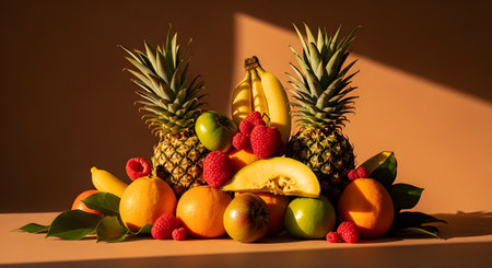 An artistic arrangement of tropical and common fruits including pineapples, bananas, oranges, and apples piled in a pyramid shape. The dramatic lighting and shadows create a modern still life composition.の素材