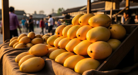 A large pile of ripe yellow mangoes displayed in a wooden crate or burlap sack at an outdoor market. The warm sunset lighting highlights the smooth skin and vibrant color of the sweet tropical fruit.の素材