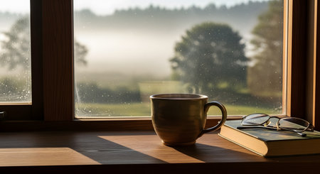 A ceramic coffee cup and a book with glasses sit on a wooden windowsill overlooking a misty morning landscape. The scene conveys peace, relaxation, and the joy of reading.の素材
