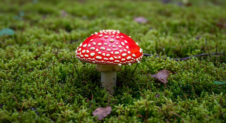 A vibrant red Fly Agaric mushroom with white spots grows from a bed of green moss on the forest floor. The macro shot highlights the texture of the fungus and the lush natural environment.の素材