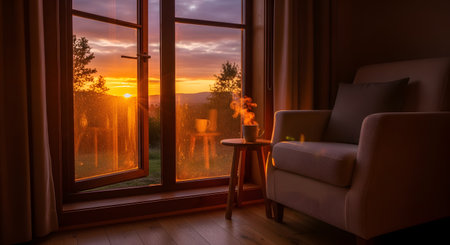 A steaming cup of coffee sits on a small table by a large window looking out at a sunset. The warm, golden light fills the room, creating a cozy and peaceful evening atmosphere.の素材