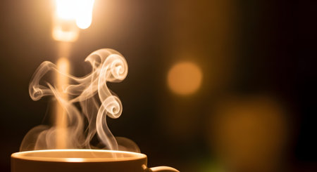 A dramatic close-up of a coffee cup with intricate swirls of steam rising against a dark, warm-toned background. The artistic lighting highlights the smoke patterns and bokeh, symbolizing warmth and the aroma of fresh coffee.の素材
