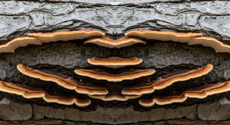 A symmetrical view of bracket fungi growing in layers on the rough bark of a tree trunk. The close-up highlights the natural texture of the wood and the organic, striped patterns of the polypore mushrooms.の素材