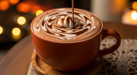 A close-up of chocolate syrup being poured onto a mound of whipped cream atop a hot chocolate drink in an orange mug. The cozy setting with warm bokeh lights in the background suggests a comforting winter or autumn treat.の素材