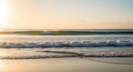 Gentle ocean waves crashing onto a golden sandy beach during a serene sunrise. The warm sunlight reflects on the water and wet sand, creating a peaceful and scenic coastal landscape.の素材