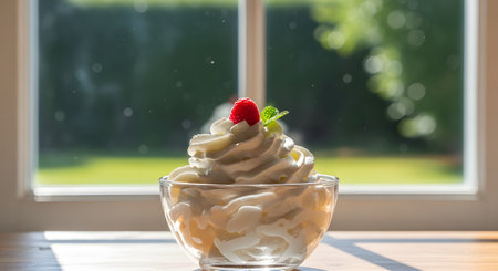 A glass bowl filled with fluffy whipped cream or mousse is topped with a fresh raspberry and mint leaf. The dessert sits on a wooden table in front of a window, bathed in bright, natural sunlight with garden greenery in the background.の素材
