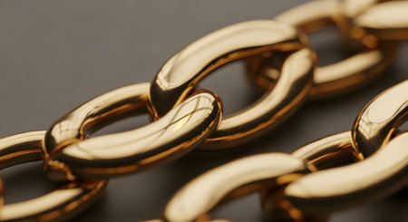 A macro shot of a thick gold chain featuring interlocking links. The metallic surface reflects light, emphasizing luxury, wealth, and sturdy craftsmanship.の素材