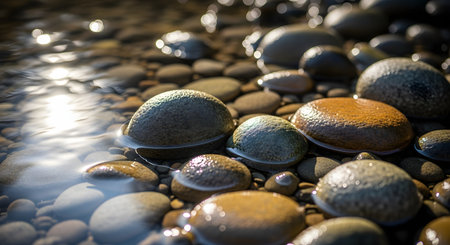 Smooth, round river stones submerged in shallow, clear water with ripples reflecting sunlight. The wet pebbles display various earth tones, creating a calming and Zen-like natural texture.の素材