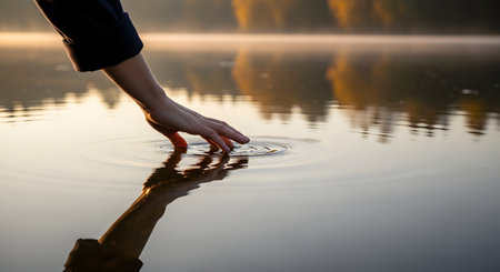 A hand gently touches the surface of a calm lake, creating concentric ripples in the water. The background features misty morning light and autumn trees, evoking a sense of peace and connection with nature.の素材