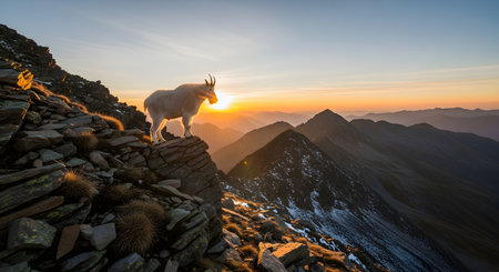 A majestic mountain goat stands on a rocky peak at sunrise, with layered mountains fading into the distance. The golden light creates a stunning silhouette and highlights the rugged wilderness.の素材