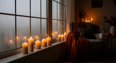 A cozy indoor scene on a rainy day, featuring a row of lit candles on a window sill covered in raindrops. Beside the window is a comfortable armchair with a warm blanket and a steaming mug, creating a perfect hygge atmosphere.の素材