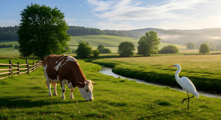 A picturesque rural landscape featuring a brown and white cow grazing peacefully beside a white heron standing near a small stream. The lush green meadow stretches towards rolling hills and a forest in the background, all softy lit by the morning sun.の素材