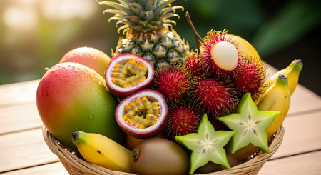 A wicker basket overflowing with fresh tropical fruits, including pineapple, mango, rambutan, passion fruit, and star fruit. The vibrant arrangement highlights the exotic colors and textures of the harvest.の素材
