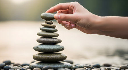 A hand carefully places a smooth stone on top of a balanced rock tower against a blurred water background. The image symbolizes mindfulness, balance, zen, and inner peace.の素材