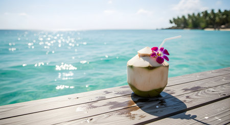 A fresh green coconut drink garnished with a purple orchid sits on a wooden dock overlooking a turquoise tropical sea. The sparkling ocean water and sunny background evoke a sense of paradise, relaxation, and an exotic summer vacation.の素材