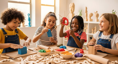 A group of diverse children happily play with colorful modeling clay at a wooden table in a bright classroom. They are sculpting various shapes and smiling, demonstrating creativity, collaboration, and early childhood learning.の素材