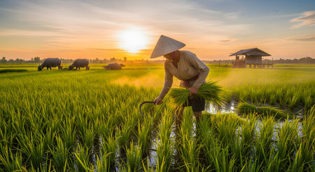 A farmer wearing a conical hat harvests rice in a lush green paddy field with a sickle during a golden sunset. In the background, water buffalo graze peacefully, depicting a traditional agricultural lifestyle in the Asian countryside.の素材