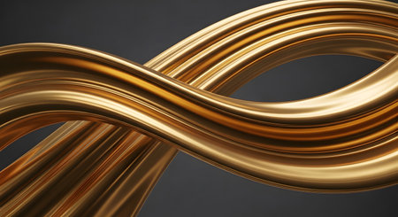 An abstract 3D rendering of smooth, flowing gold lines intertwining against a dark grey background. The metallic surface reflects light, creating a luxurious and elegant visual effect suitable for premium designs.の素材